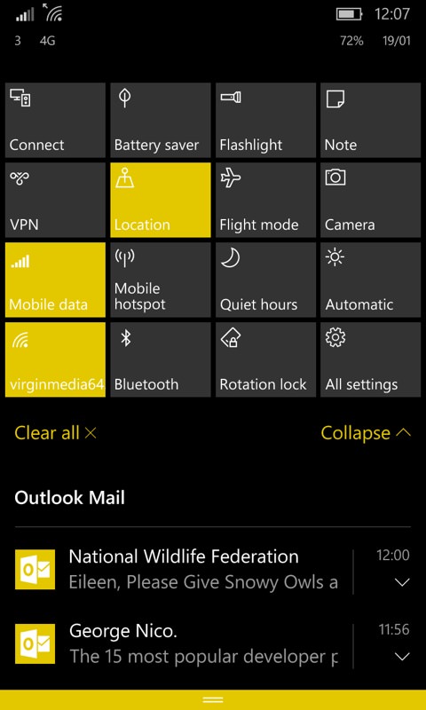 Screenshot, Windows 10 Mobile Action Center