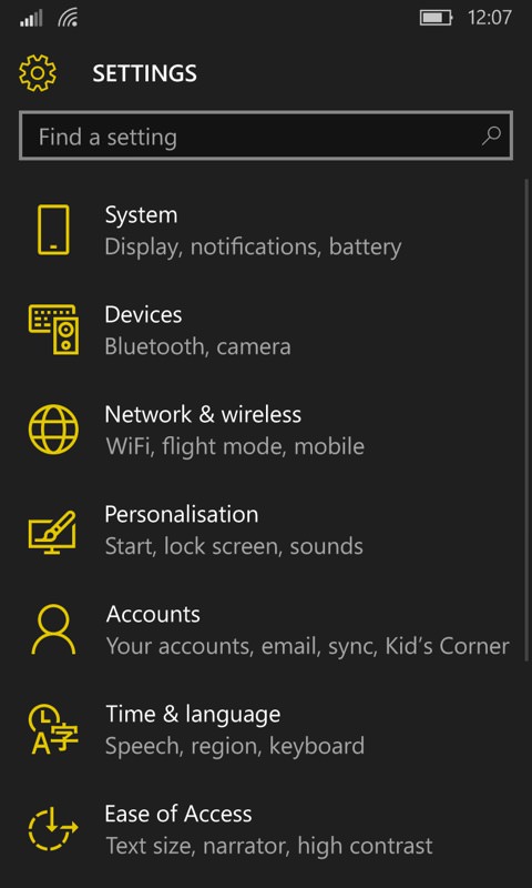 Screenshot, Windows 10 Mobile Settings