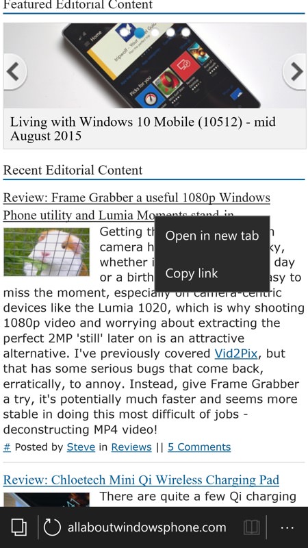 Screenshot, long press menu on Windows 10 Mobile...