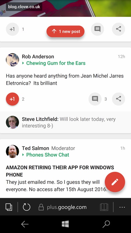 Screenshot, Google+ on Windows 10 Mobile