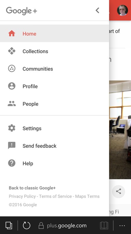 Screenshot, Google+ on Windows 10 Mobile