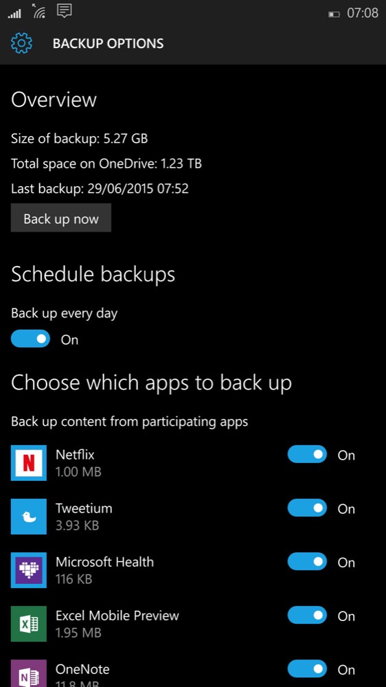 Screenshot, Windows 10 Mobile Backups