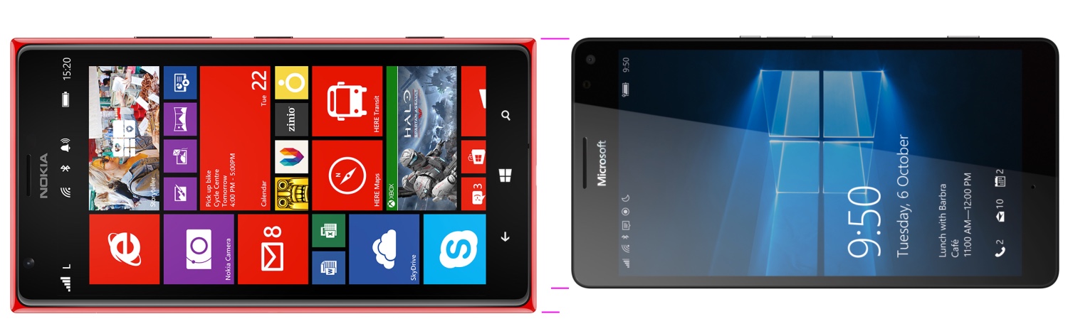 Lumia 1520 vs 950 XL, to scale