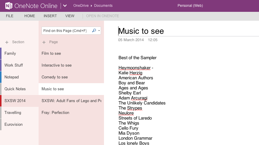 OneNote in OneDrive