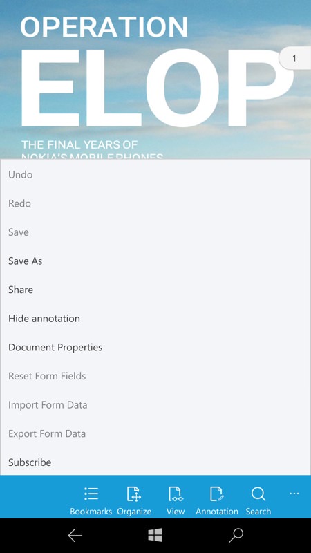 Screenshot, PDF reading on Windows 10 Mobile