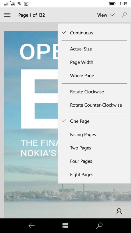 Screenshot, PDF reading on Windows 10 Mobile