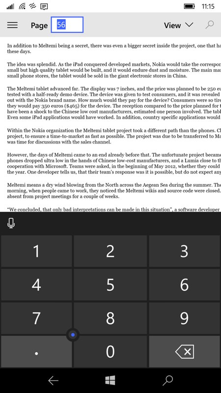 Screenshot, PDF reading on Windows 10 Mobile