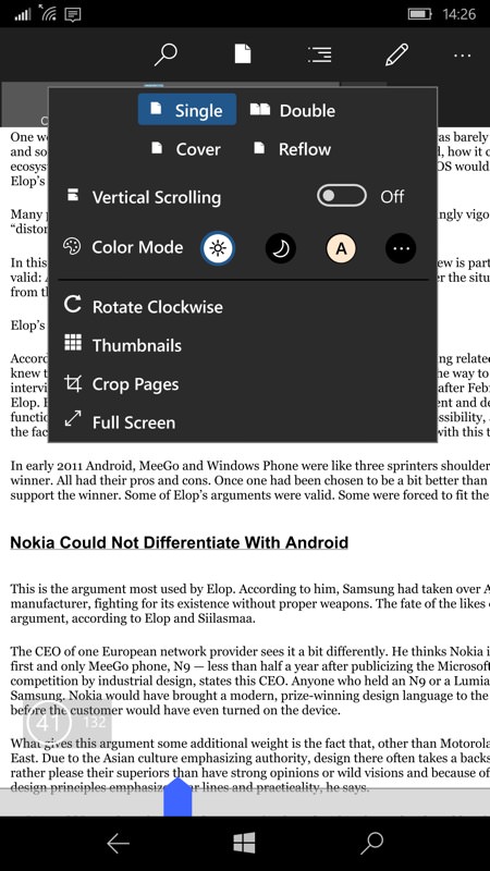 Screenshot, PDF reading on Windows 10 Mobile