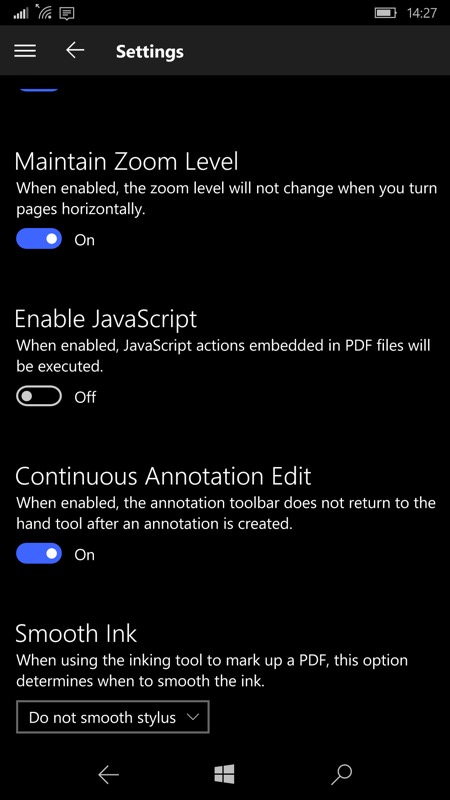 Screenshot, PDF reading on Windows 10 Mobile