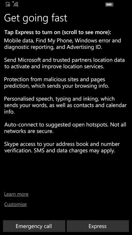 Screenshot, Setting up Windows 10 Mobile