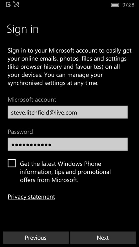 Screenshot, Setting up Windows 10 Mobile