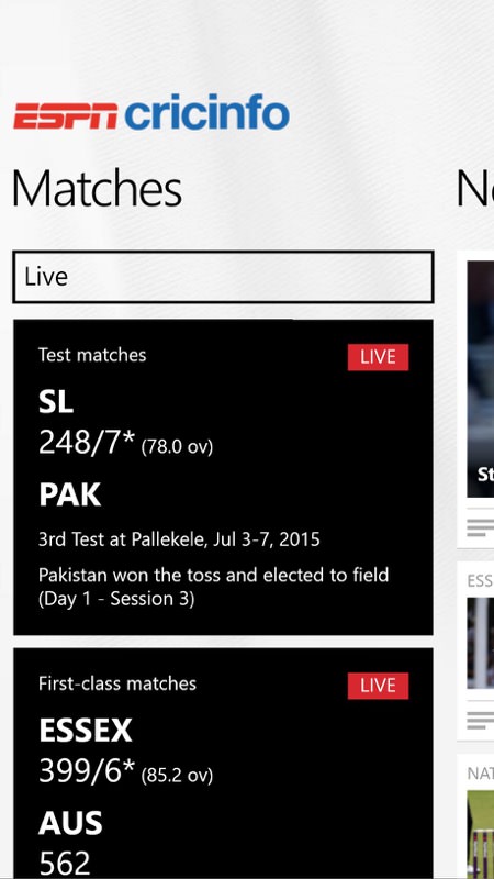 Screenshot, ESPNcricinfo