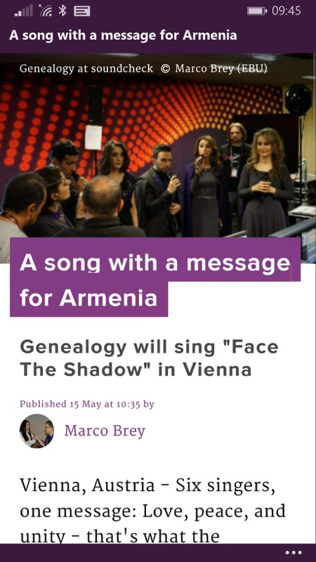 Screenshot, Eurovision for Windows Phone