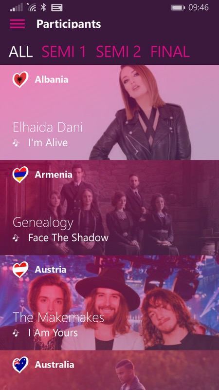 Screenshot, Eurovision for Windows Phone