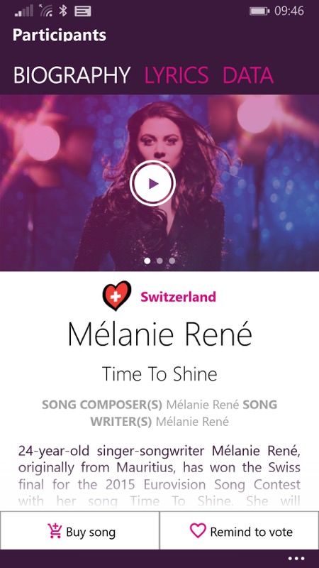 Screenshot, Eurovision for Windows Phone