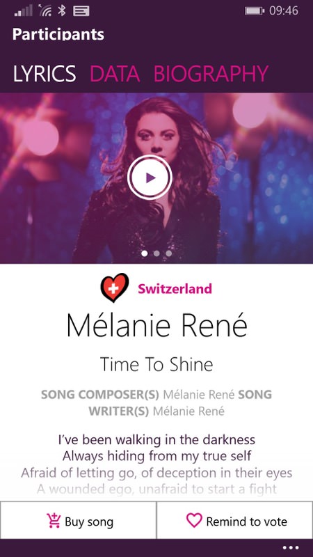Screenshot, Eurovision for Windows Phone