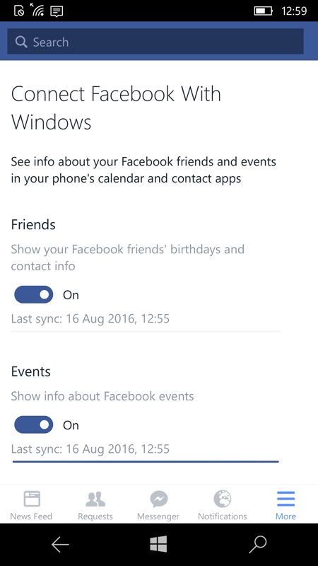 Screenshot, Facebook sync