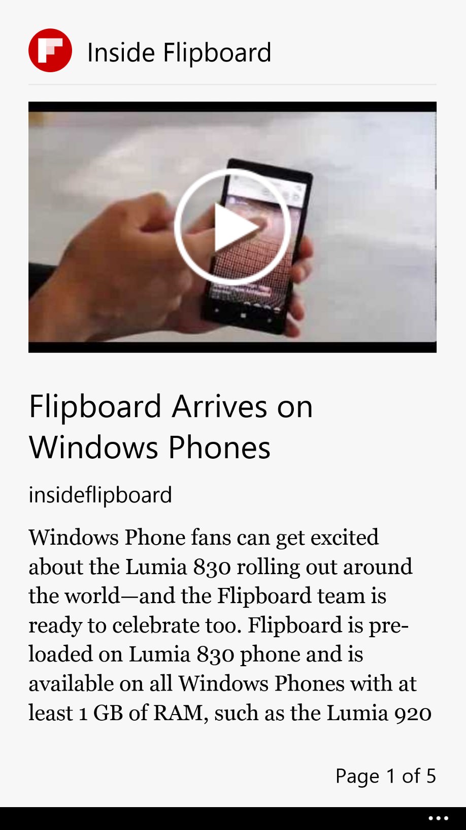 Flipboard screenshot on Windows Phone