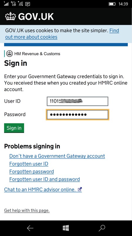 Screenshot, HMRC UWP app