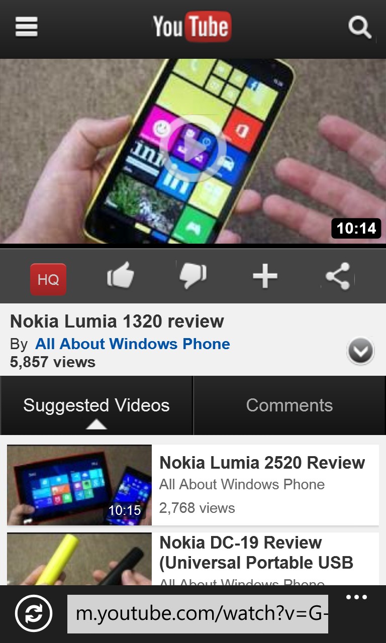 Screen, YouTube on Windows Phone