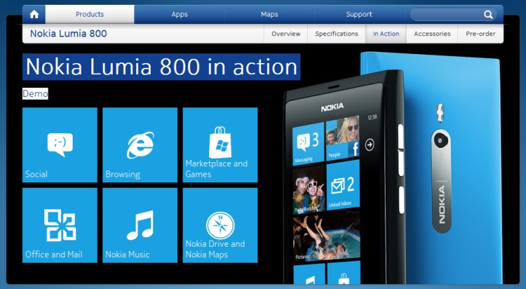 Nokia Lumia 800 on the web