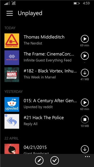 Screenshot, Pocket Casts for Windows Phone