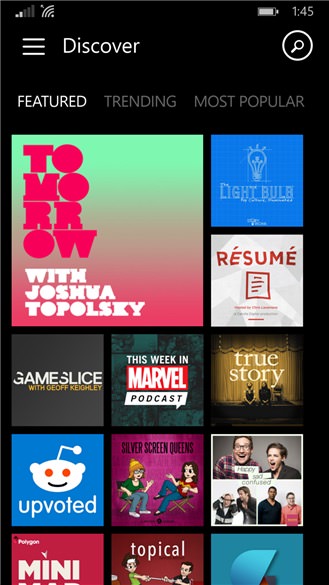 Screenshot, Pocket Casts for Windows Phone