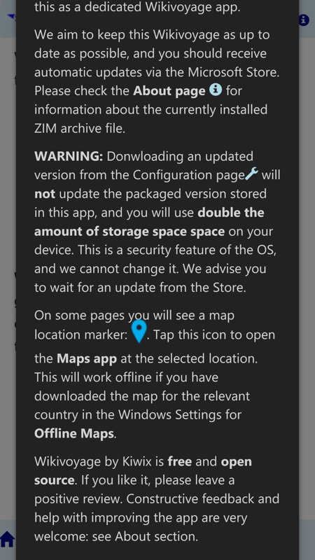 Screenshot, Wikivoyage by Kiwix UWP