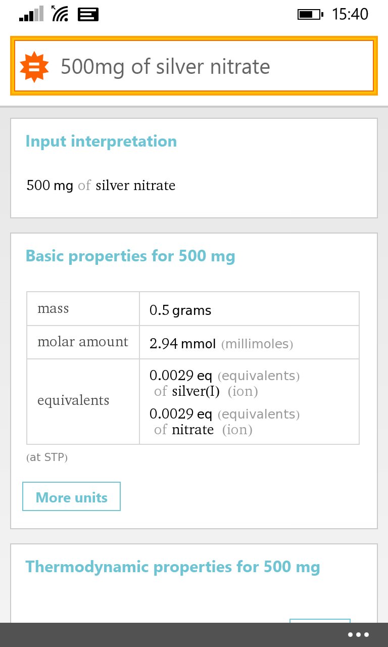 Screenshot, WolframAlpha for Windows Phone