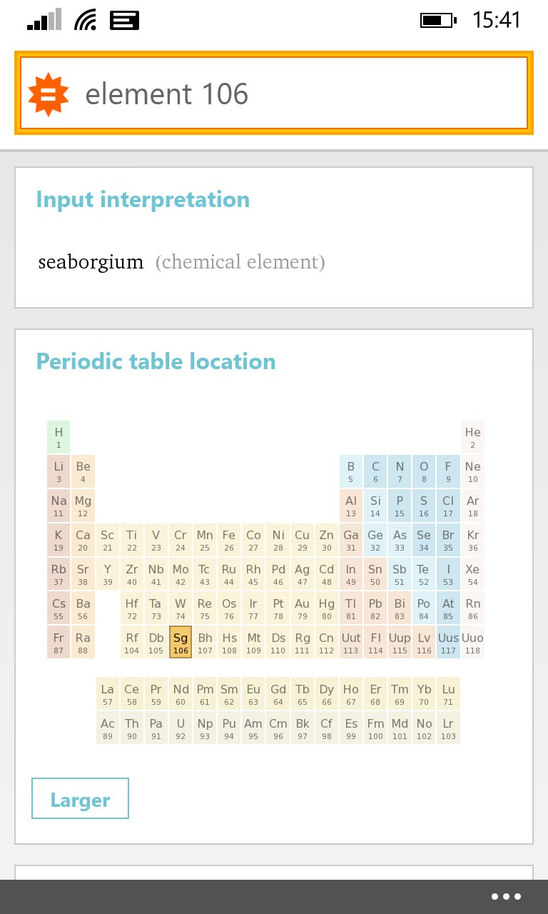 Screenshot, WolframAlpha for Windows Phone