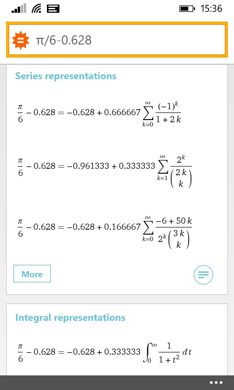 Screenshot, WolframAlpha for Windows Phone