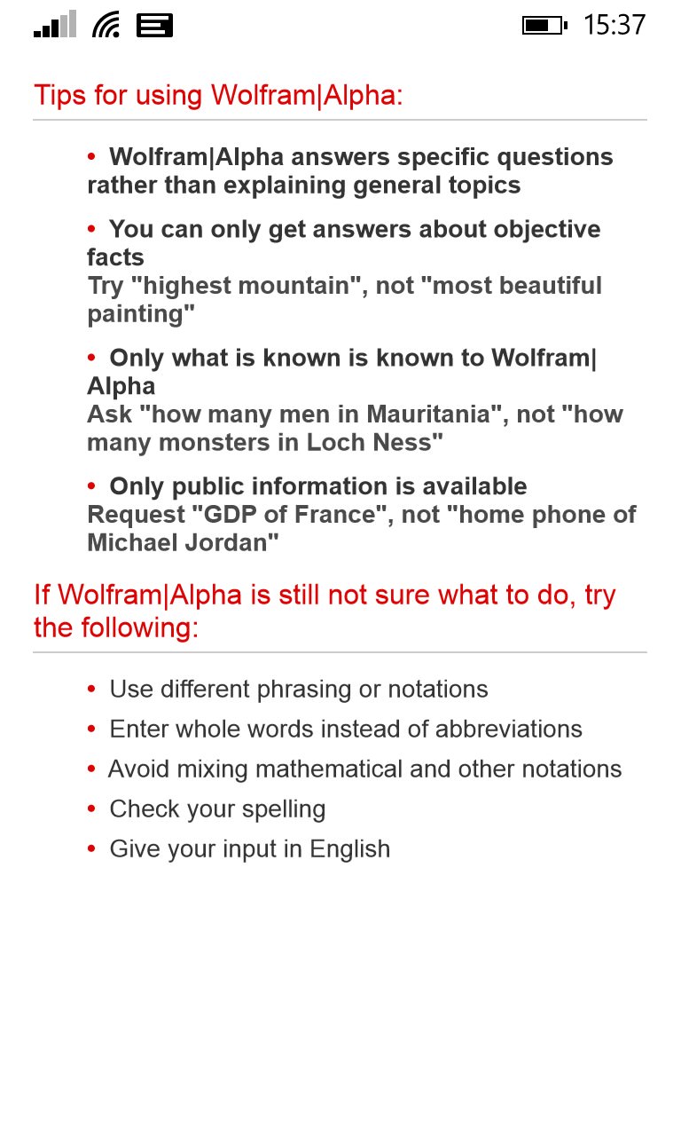 Screenshot, WolframAlpha for Windows Phone