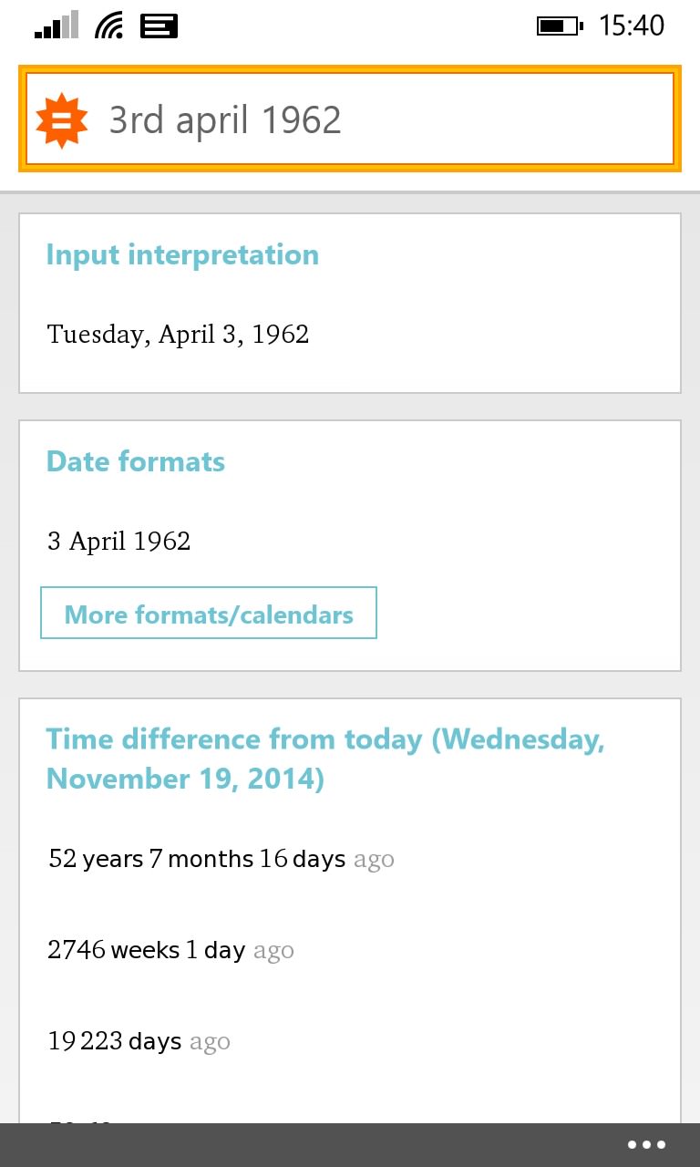 Screenshot, WolframAlpha for Windows Phone