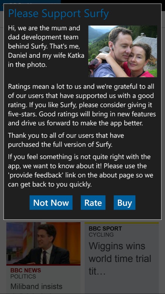 Screenshot, Surfy browser for WP