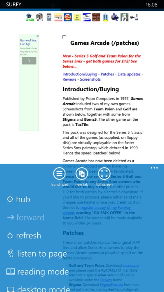 Screenshot, Surfy browser for WP