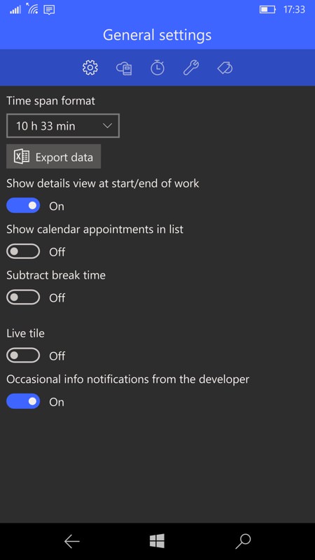 WorkingHours UWP screenshot