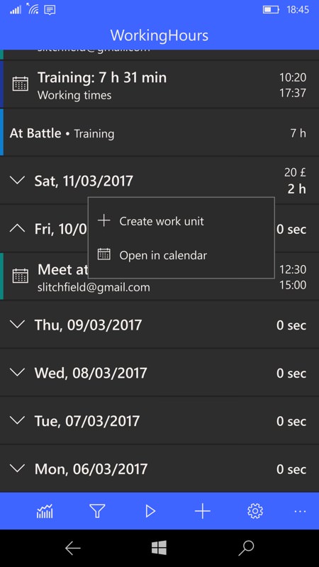 WorkingHours UWP screenshot