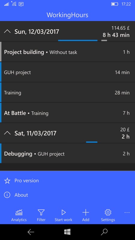 WorkingHours UWP screenshot