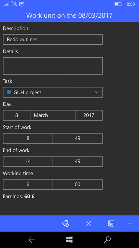 WorkingHours UWP screenshot