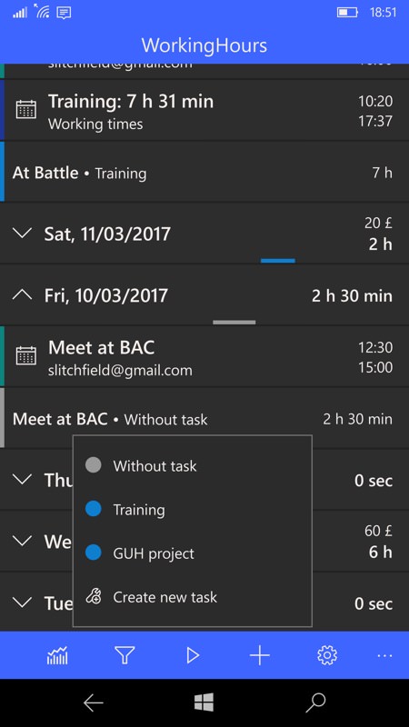 WorkingHours UWP screenshot